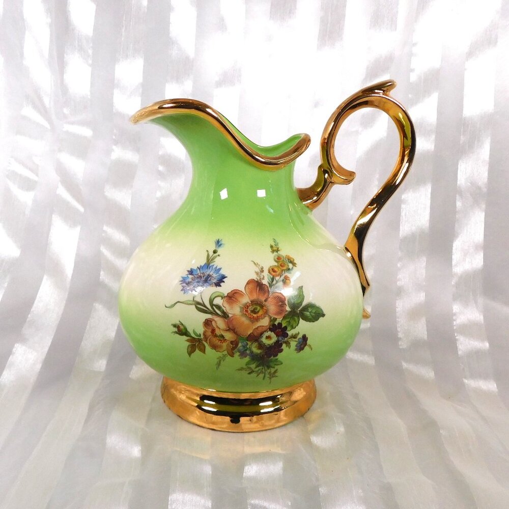 Signed Green Floral Pitcher with Gold Trim # 26396